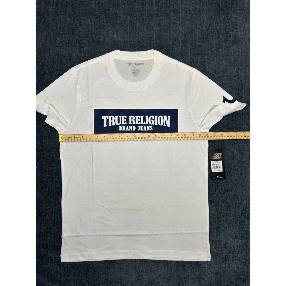 True Religion Mens Embossed Box Arch SS Tee Optic White Navy 700165 Size M NEW